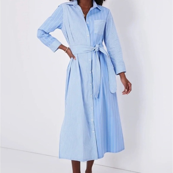 Tuckernuck Dresses & Skirts - Pomander Place Tuckernuck Blue White Striped Belted Midi Shirt Dress Women Small